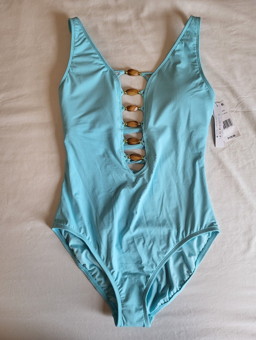 Bleu Rod Beattie Kore Low Neck Lace Down One Piece Swimsuit (Aqua)